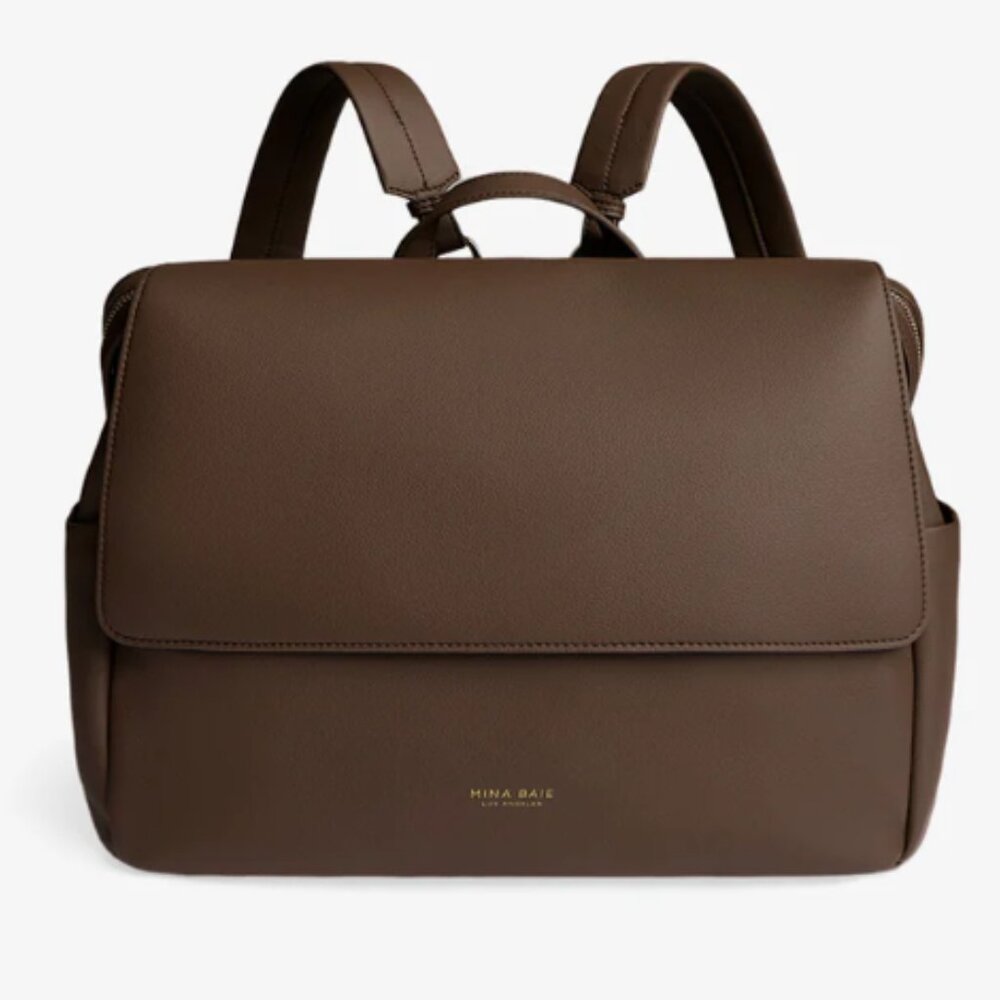 Mina Baie Winnie Backpack Vegan Leather Midi Coco Brown & Stroller Hooks EUC - Picture 3 of 10